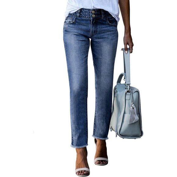 Women's High Waisted Stretch Denim Jeans Raw Hem Straight Leg Ankle Pants